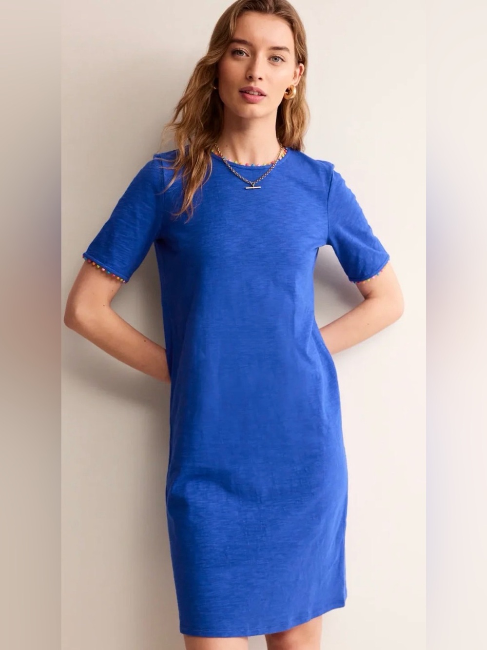 Boden Charlie Pom‑Pom Trim Cotton Shift Dress Blue 6L